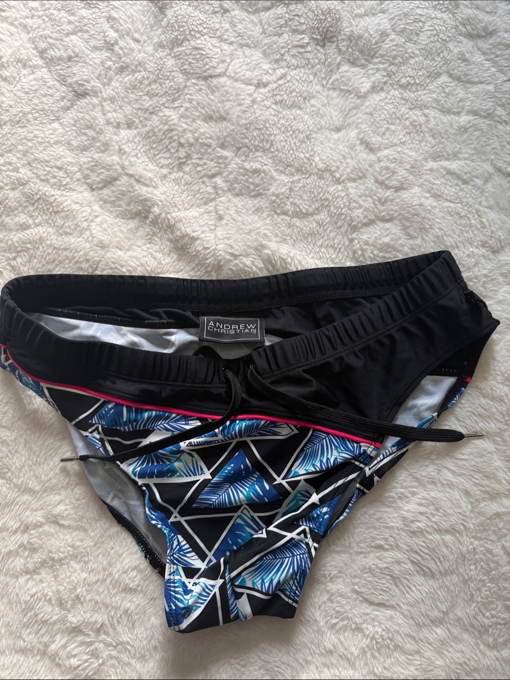 Andrew Christian Men’s Med Black & Blue Tropical Print Bikini Speedo Bottom